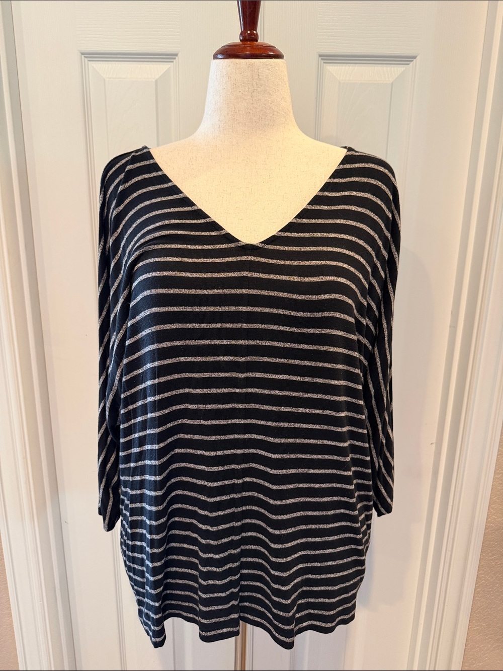 J. Jill Black and Gray Striped V-Neck Long Sleeve Top